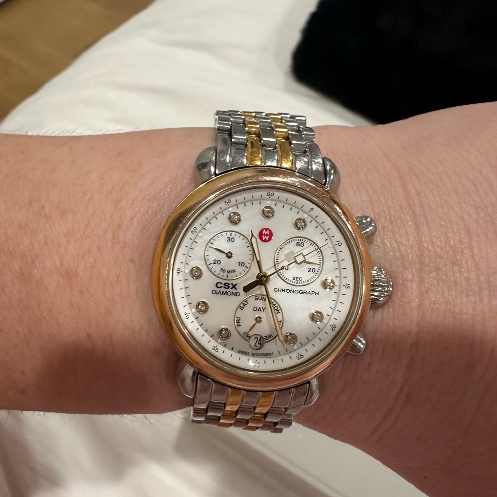 Michele CSX 39MM Two Tone Stainless Steel, Diamond & Mother of Pearl Chronograph